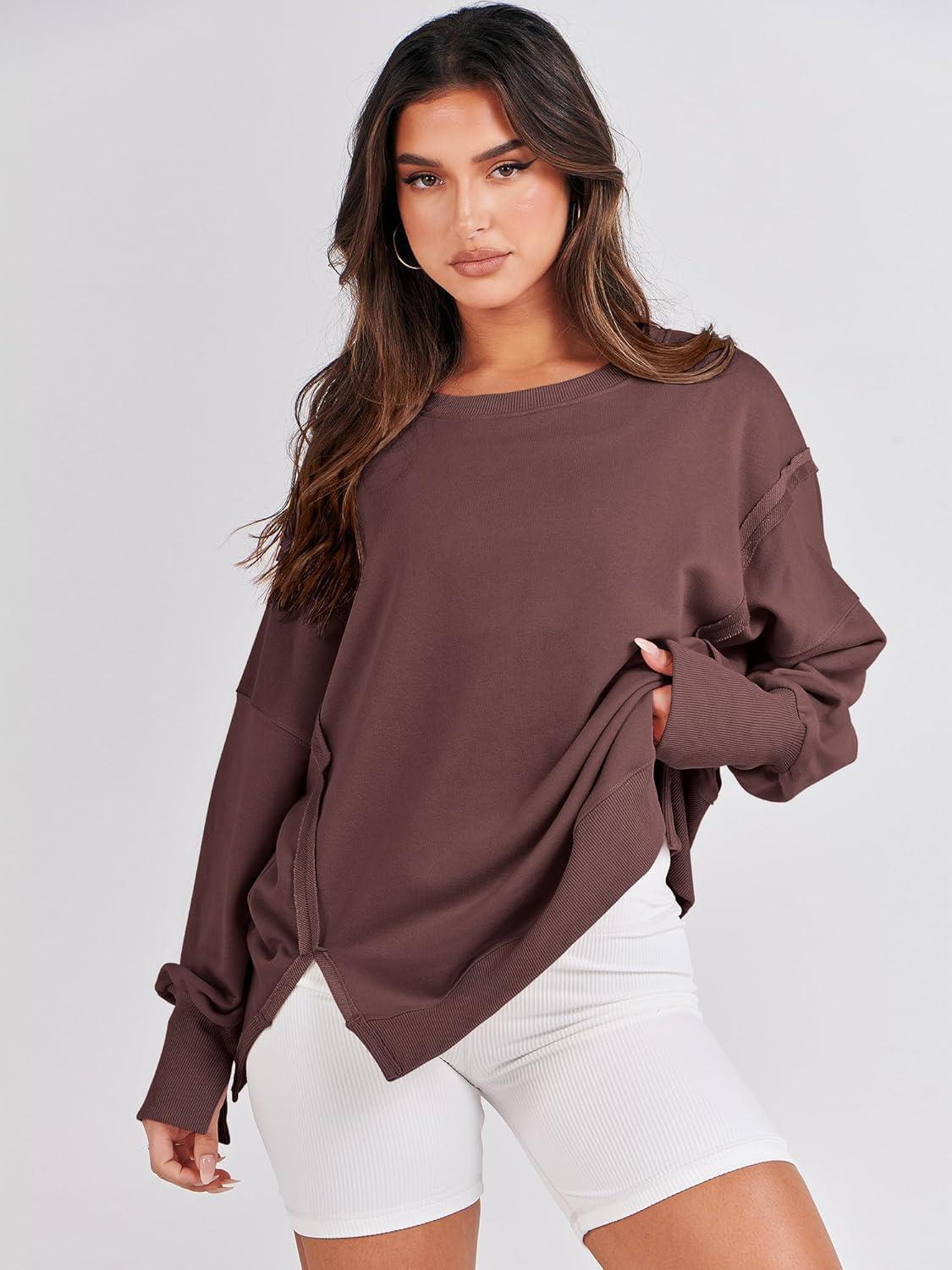 imageANRABESS Womens Oversized Sweatshirts Crew Neck Long Sleeve Shirts Casual Loose Slit 2025 Fall Outfits Y2K Teen Girls ClothesCoffee
