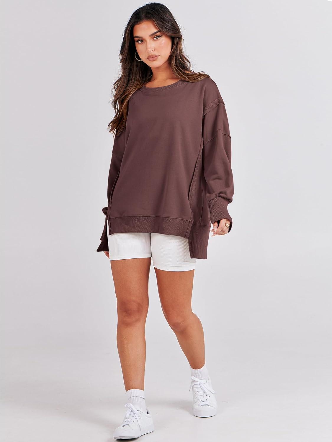 imageANRABESS Womens Oversized Sweatshirts Crew Neck Long Sleeve Shirts Casual Loose Slit 2025 Fall Outfits Y2K Teen Girls ClothesCoffee