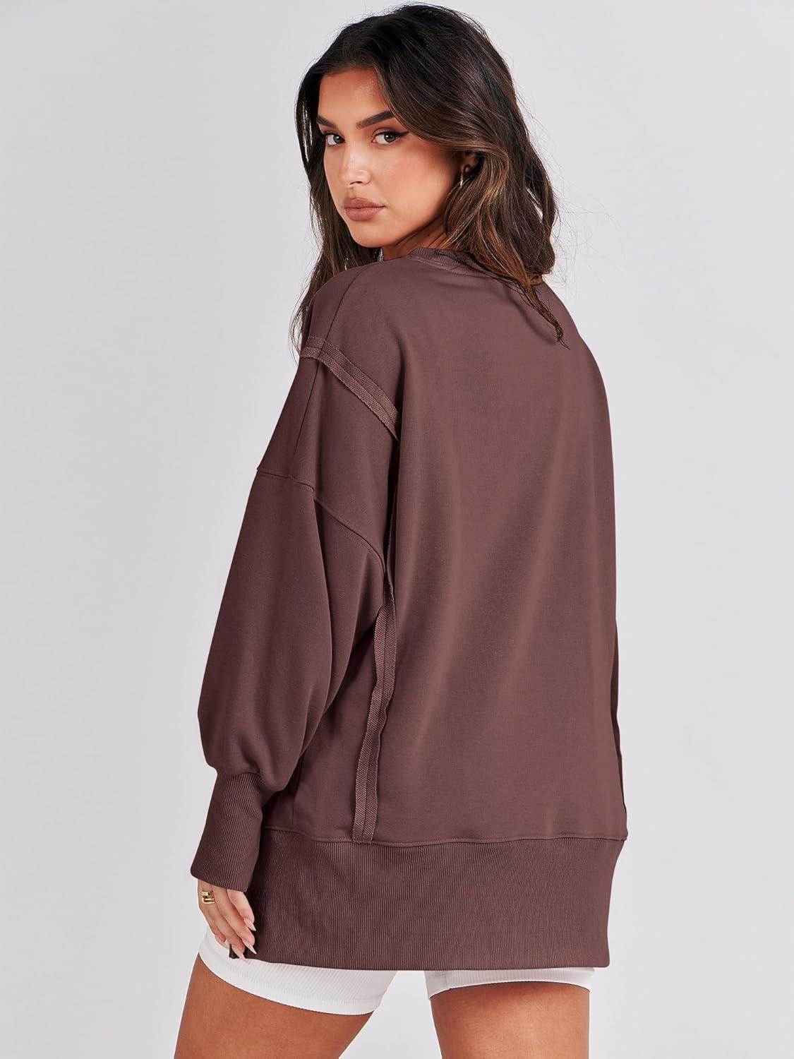 imageANRABESS Womens Oversized Sweatshirts Crew Neck Long Sleeve Shirts Casual Loose Slit 2025 Fall Outfits Y2K Teen Girls ClothesCoffee