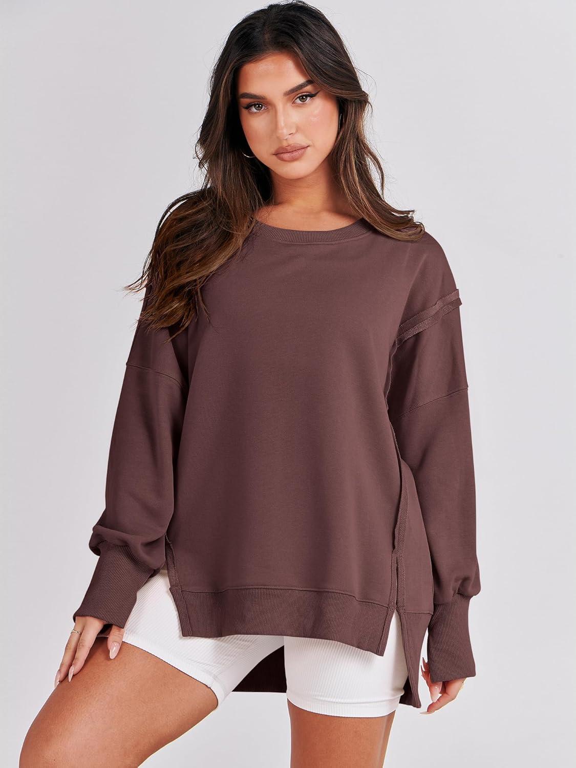 imageANRABESS Womens Oversized Sweatshirts Crew Neck Long Sleeve Shirts Casual Loose Slit 2025 Fall Outfits Y2K Teen Girls ClothesCoffee