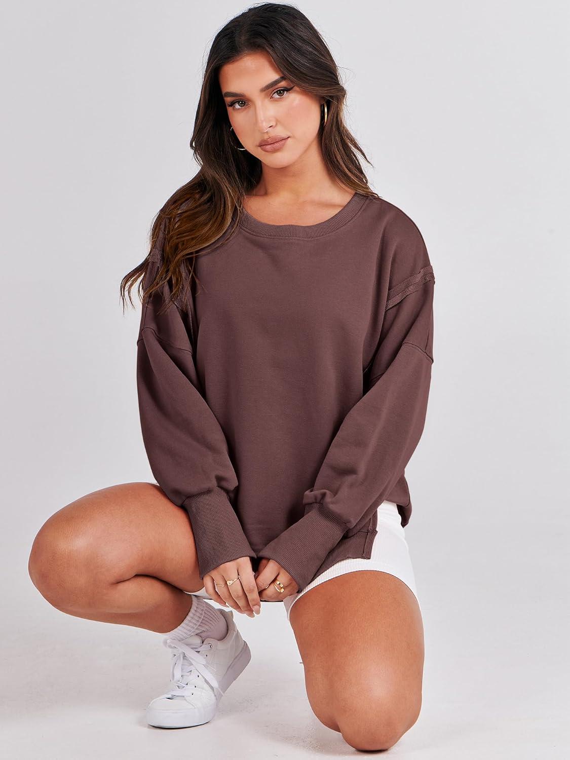imageANRABESS Womens Oversized Sweatshirts Crew Neck Long Sleeve Shirts Casual Loose Slit 2025 Fall Outfits Y2K Teen Girls ClothesCoffee