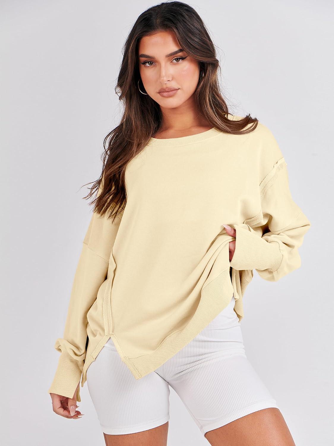 imageANRABESS Womens Oversized Sweatshirts Crew Neck Long Sleeve Shirts Casual Loose Slit 2025 Fall Outfits Y2K Teen Girls ClothesCream Yellow