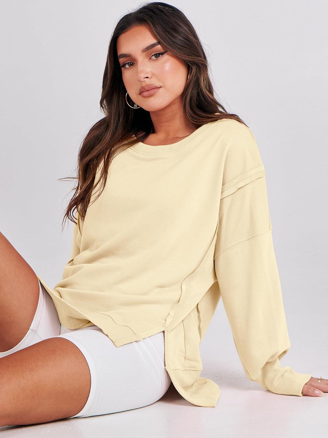imageANRABESS Womens Oversized Sweatshirts Crew Neck Long Sleeve Shirts Casual Loose Slit 2025 Fall Outfits Y2K Teen Girls ClothesCream Yellow