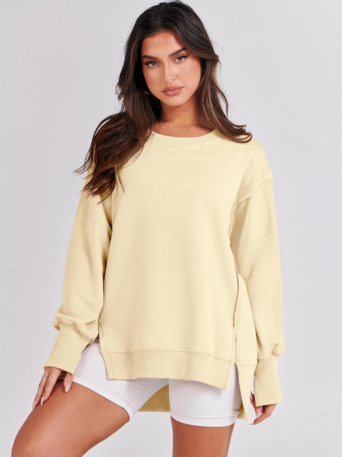 imageANRABESS Womens Oversized Sweatshirts Crew Neck Long Sleeve Shirts Casual Loose Slit 2025 Fall Outfits Y2K Teen Girls ClothesCream Yellow