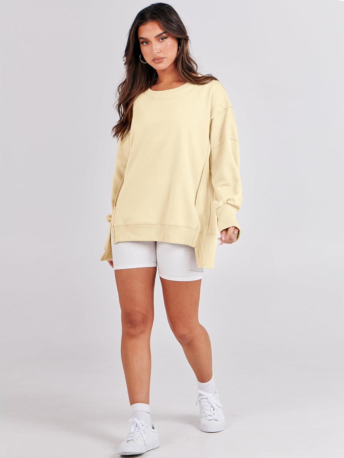 imageANRABESS Womens Oversized Sweatshirts Crew Neck Long Sleeve Shirts Casual Loose Slit 2025 Fall Outfits Y2K Teen Girls ClothesCream Yellow