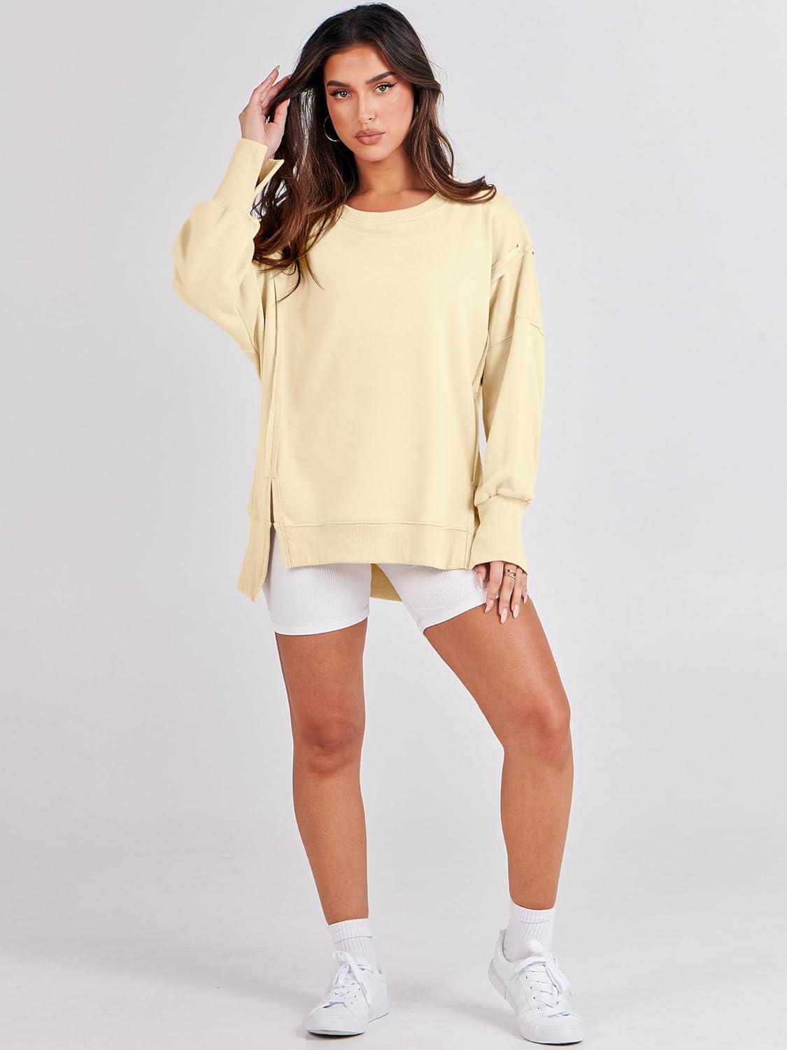 imageANRABESS Womens Oversized Sweatshirts Crew Neck Long Sleeve Shirts Casual Loose Slit 2025 Fall Outfits Y2K Teen Girls ClothesCream Yellow