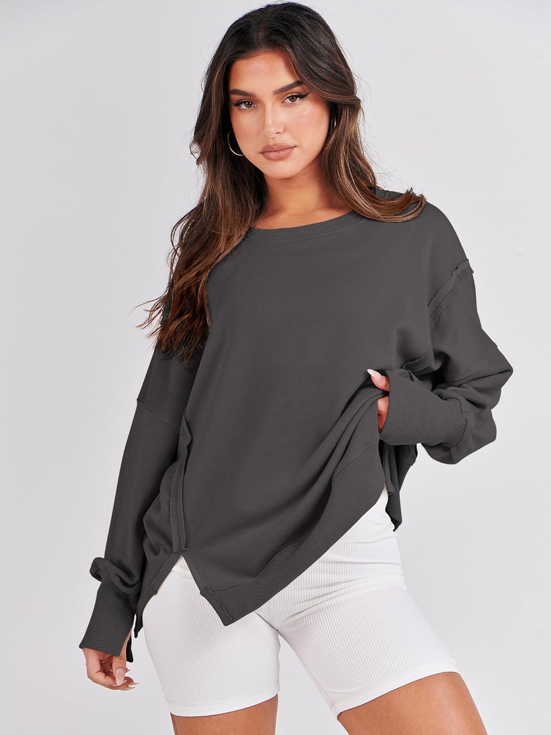 imageANRABESS Womens Oversized Sweatshirts Crew Neck Long Sleeve Shirts Casual Loose Slit 2025 Fall Outfits Y2K Teen Girls ClothesDeep Gray