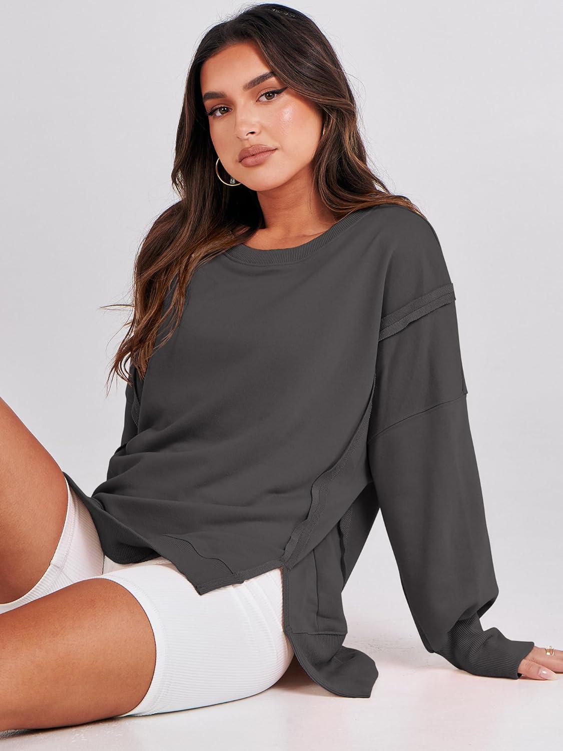 imageANRABESS Womens Oversized Sweatshirts Crew Neck Long Sleeve Shirts Casual Loose Slit 2025 Fall Outfits Y2K Teen Girls ClothesDeep Gray