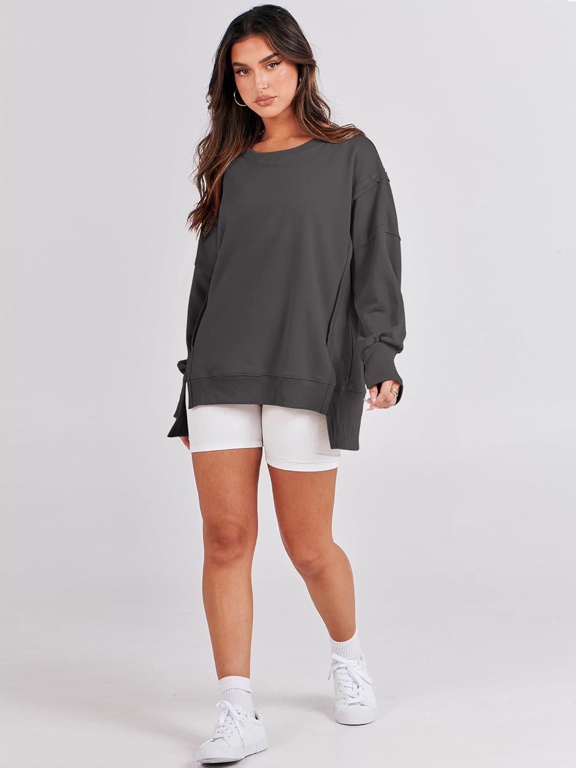imageANRABESS Womens Oversized Sweatshirts Crew Neck Long Sleeve Shirts Casual Loose Slit 2025 Fall Outfits Y2K Teen Girls ClothesDeep Gray