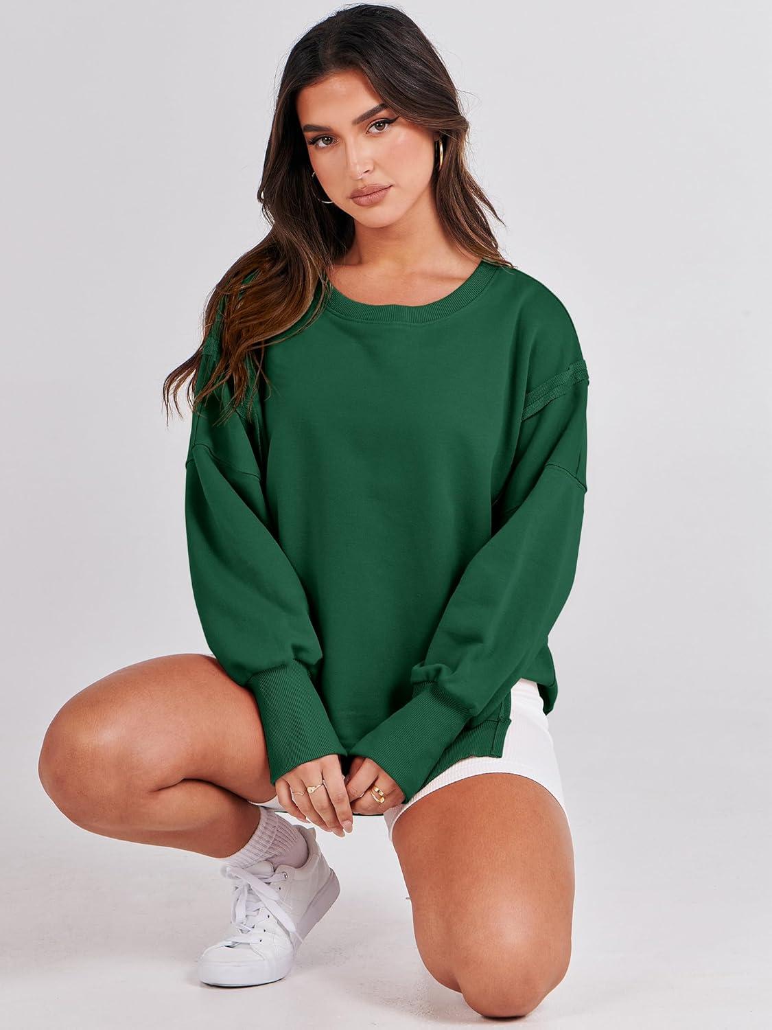 imageANRABESS Womens Oversized Sweatshirts Crew Neck Long Sleeve Shirts Casual Loose Slit 2025 Fall Outfits Y2K Teen Girls ClothesDeep Green