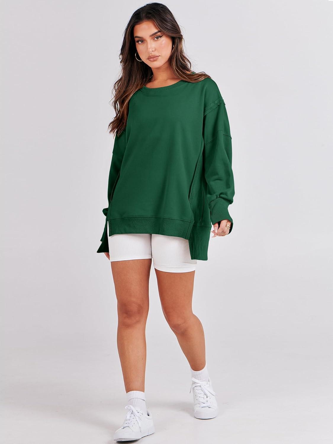 imageANRABESS Womens Oversized Sweatshirts Crew Neck Long Sleeve Shirts Casual Loose Slit 2025 Fall Outfits Y2K Teen Girls ClothesDeep Green