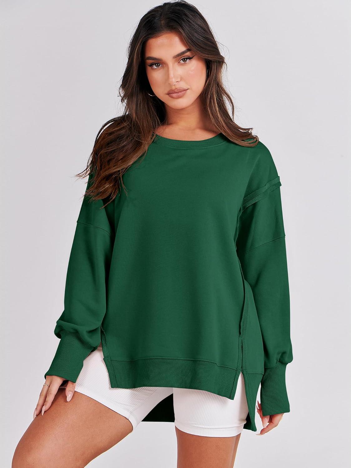 imageANRABESS Womens Oversized Sweatshirts Crew Neck Long Sleeve Shirts Casual Loose Slit 2025 Fall Outfits Y2K Teen Girls ClothesDeep Green