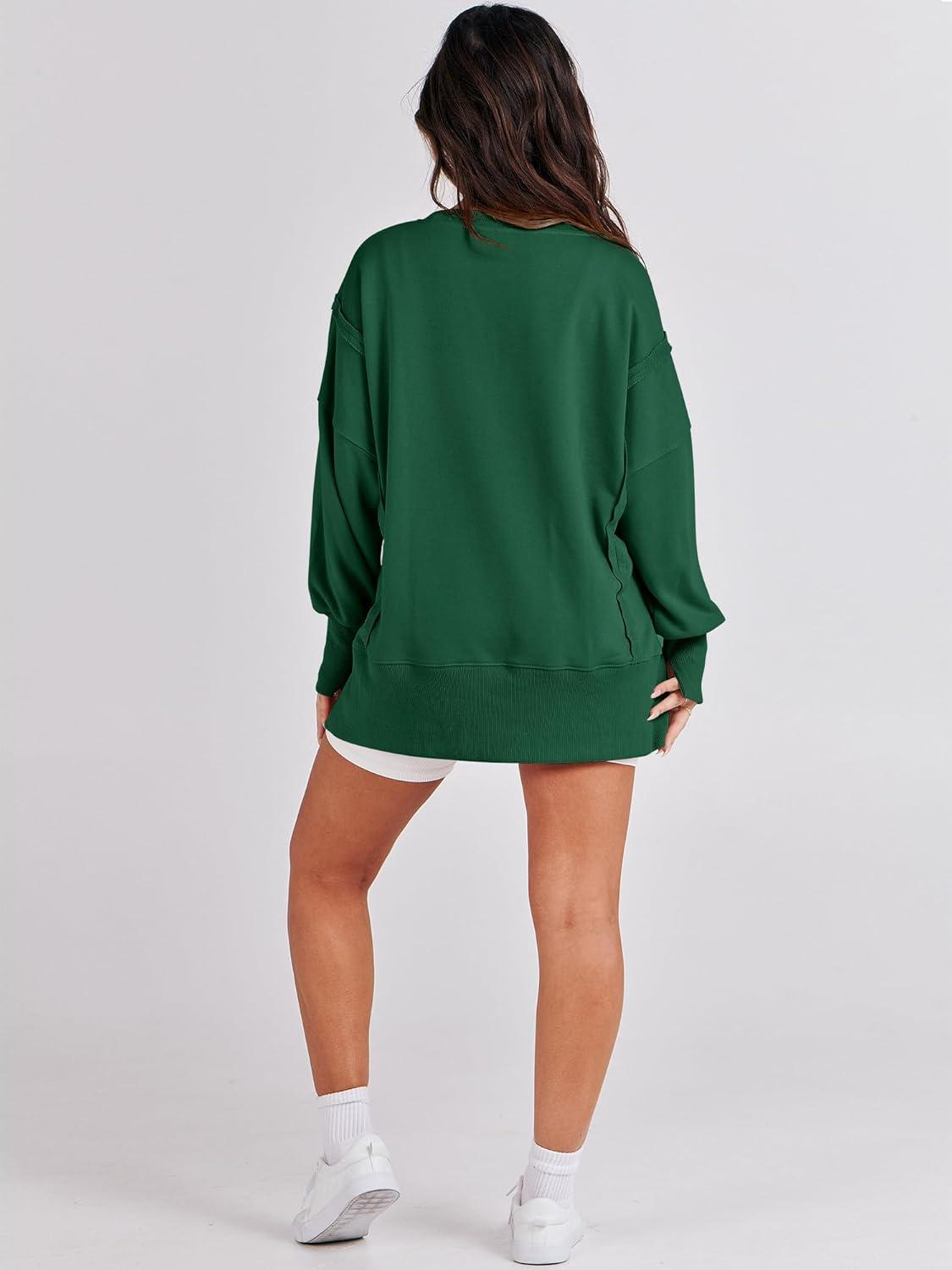 imageANRABESS Womens Oversized Sweatshirts Crew Neck Long Sleeve Shirts Casual Loose Slit 2025 Fall Outfits Y2K Teen Girls ClothesDeep Green