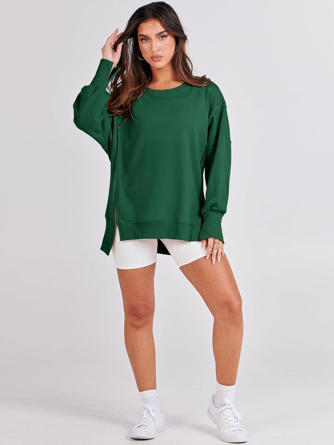 imageANRABESS Womens Oversized Sweatshirts Crew Neck Long Sleeve Shirts Casual Loose Slit 2025 Fall Outfits Y2K Teen Girls ClothesDeep Green