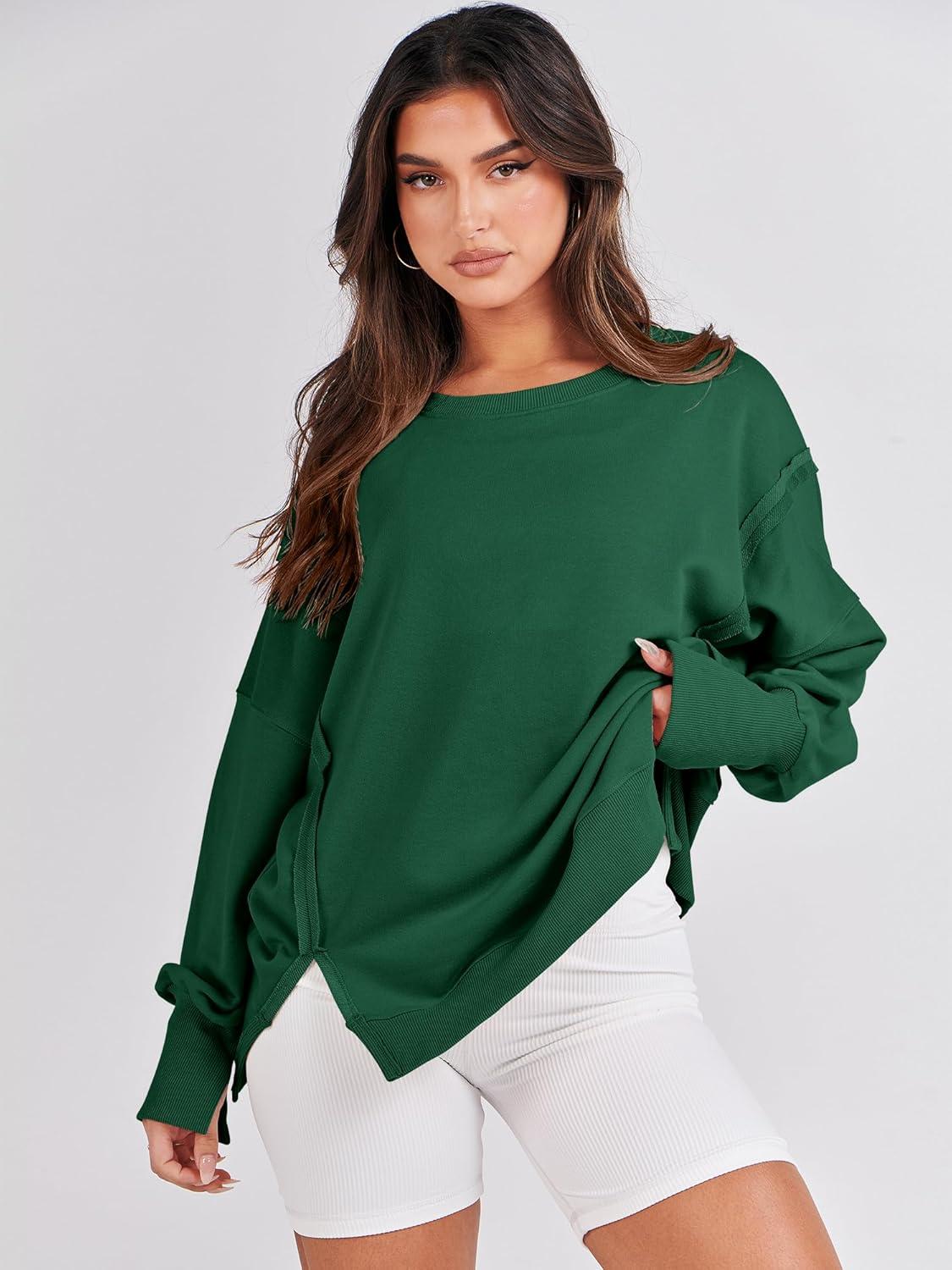 imageANRABESS Womens Oversized Sweatshirts Crew Neck Long Sleeve Shirts Casual Loose Slit 2025 Fall Outfits Y2K Teen Girls ClothesDeep Green