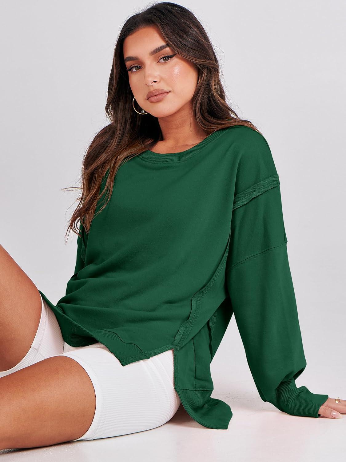 imageANRABESS Womens Oversized Sweatshirts Crew Neck Long Sleeve Shirts Casual Loose Slit 2025 Fall Outfits Y2K Teen Girls ClothesDeep Green