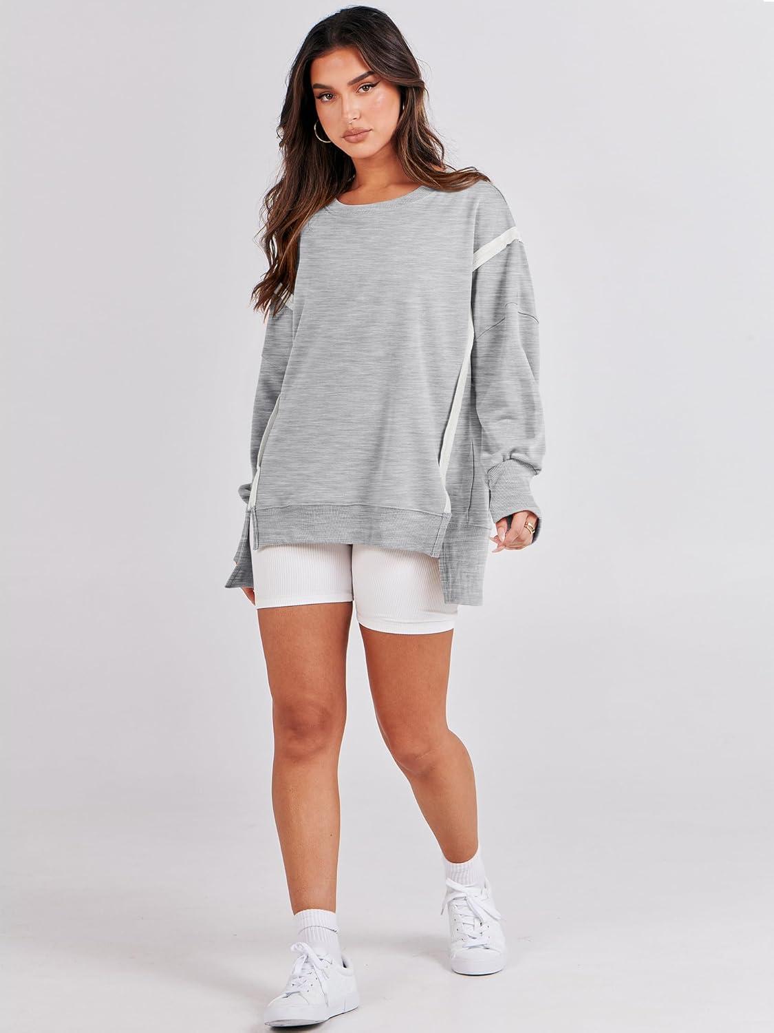 imageANRABESS Womens Oversized Sweatshirts Crew Neck Long Sleeve Shirts Casual Loose Slit 2025 Fall Outfits Y2K Teen Girls ClothesGray