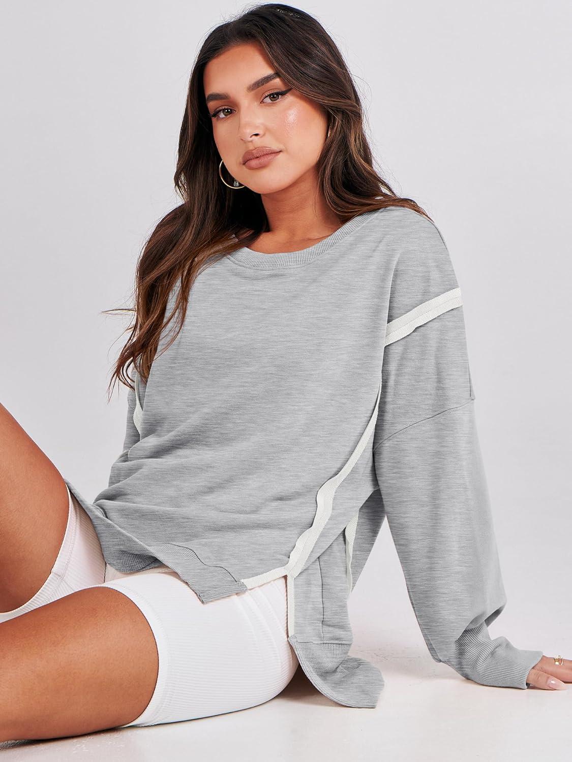 imageANRABESS Womens Oversized Sweatshirts Crew Neck Long Sleeve Shirts Casual Loose Slit 2025 Fall Outfits Y2K Teen Girls ClothesGray