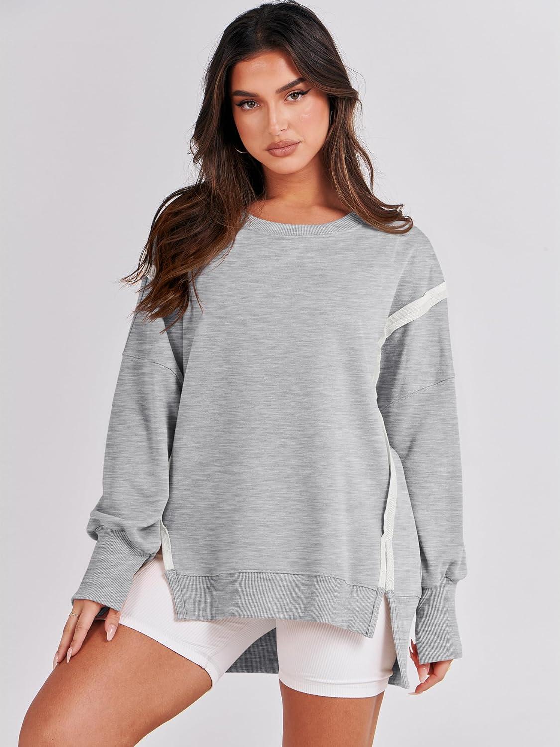 imageANRABESS Womens Oversized Sweatshirts Crew Neck Long Sleeve Shirts Casual Loose Slit 2025 Fall Outfits Y2K Teen Girls ClothesGray