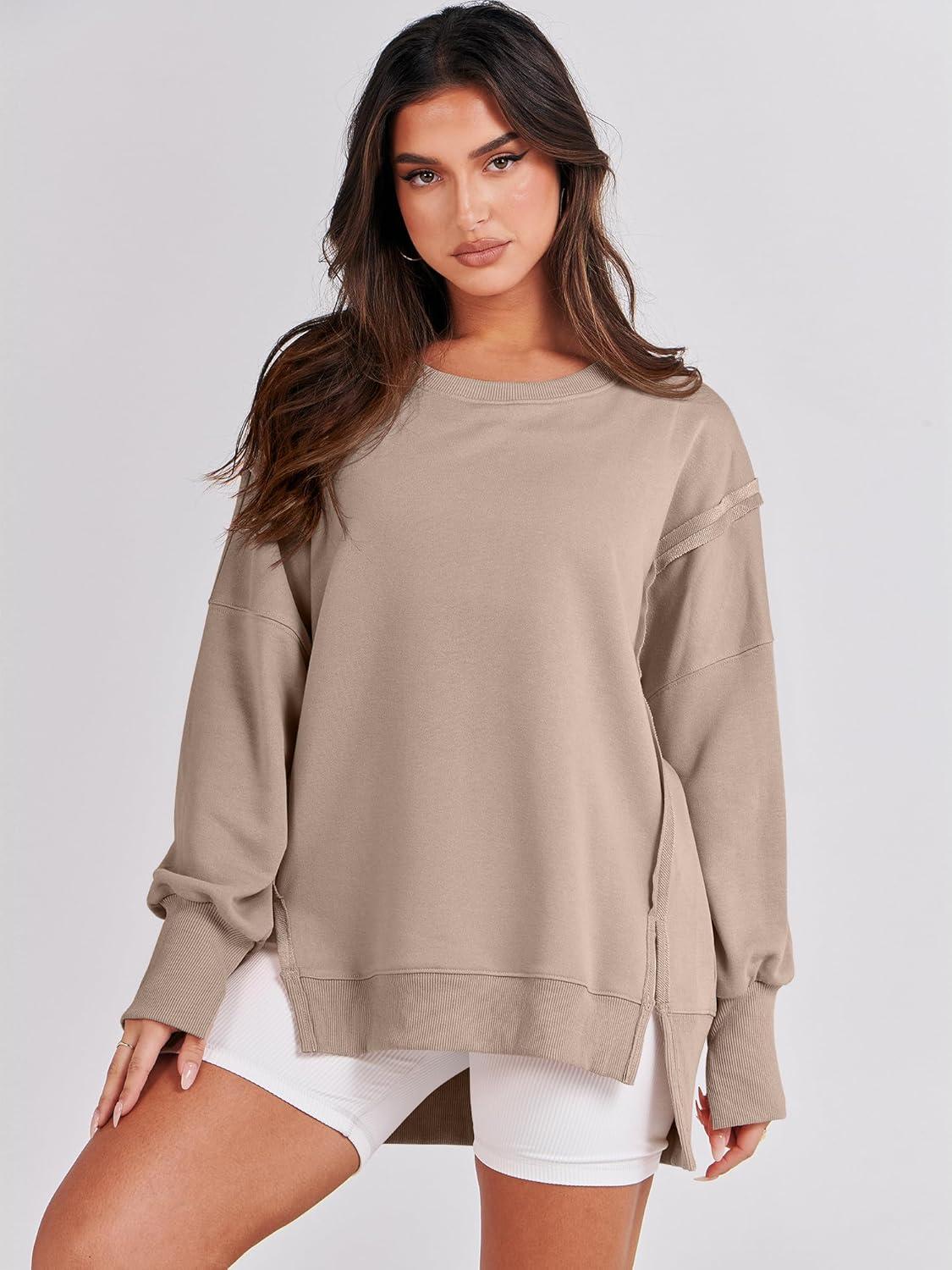 imageANRABESS Womens Oversized Sweatshirts Crew Neck Long Sleeve Shirts Casual Loose Slit 2025 Fall Outfits Y2K Teen Girls ClothesKhaki