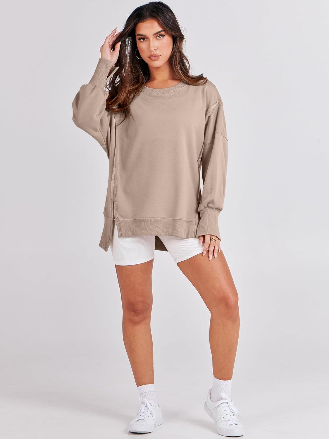 imageANRABESS Womens Oversized Sweatshirts Crew Neck Long Sleeve Shirts Casual Loose Slit 2025 Fall Outfits Y2K Teen Girls ClothesKhaki