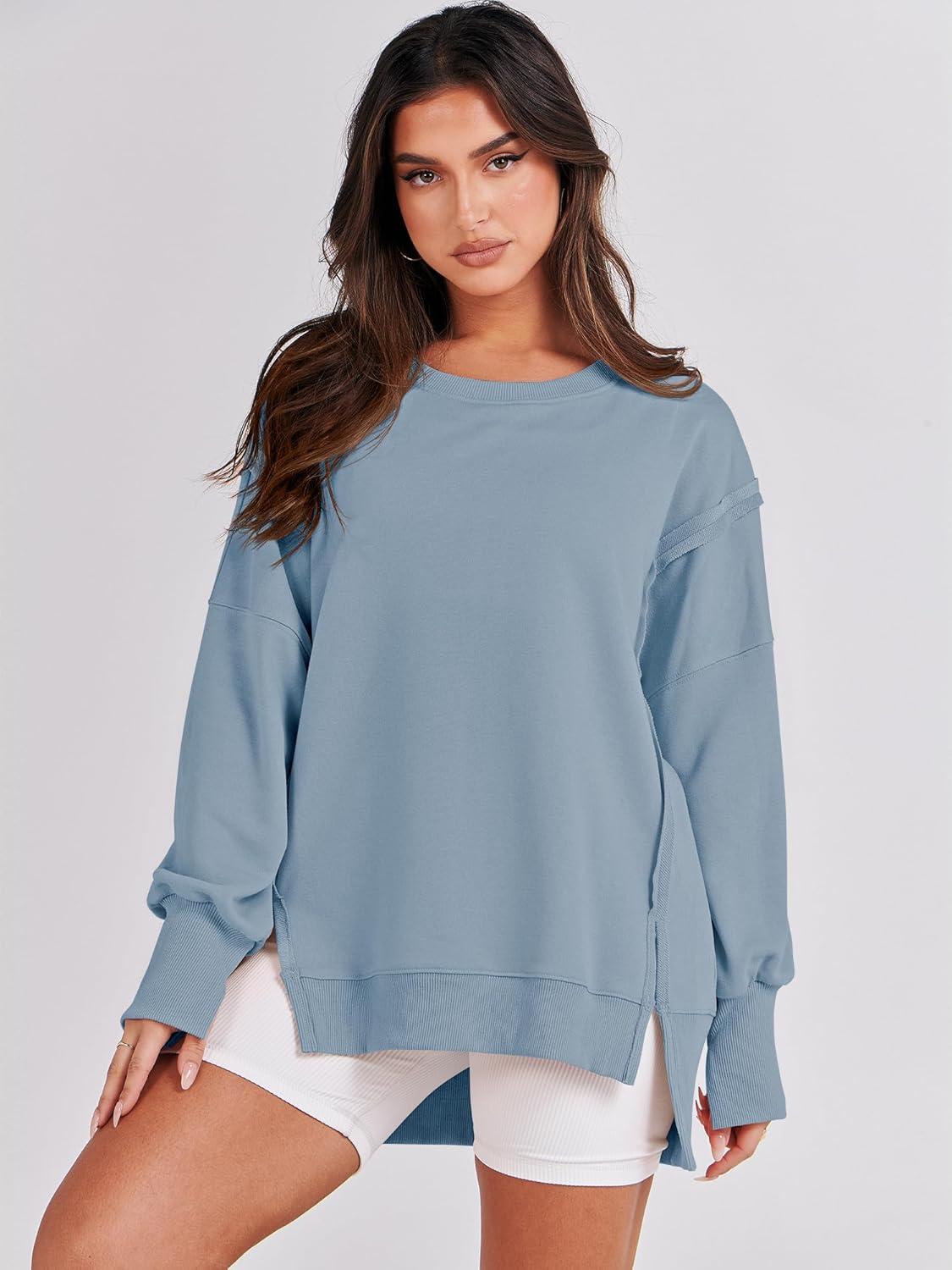 imageANRABESS Womens Oversized Sweatshirts Crew Neck Long Sleeve Shirts Casual Loose Slit 2025 Fall Outfits Y2K Teen Girls ClothesLight Blue