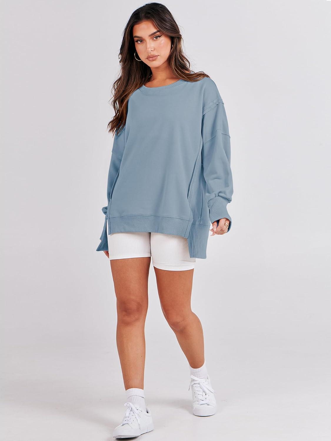 imageANRABESS Womens Oversized Sweatshirts Crew Neck Long Sleeve Shirts Casual Loose Slit 2025 Fall Outfits Y2K Teen Girls ClothesLight Blue