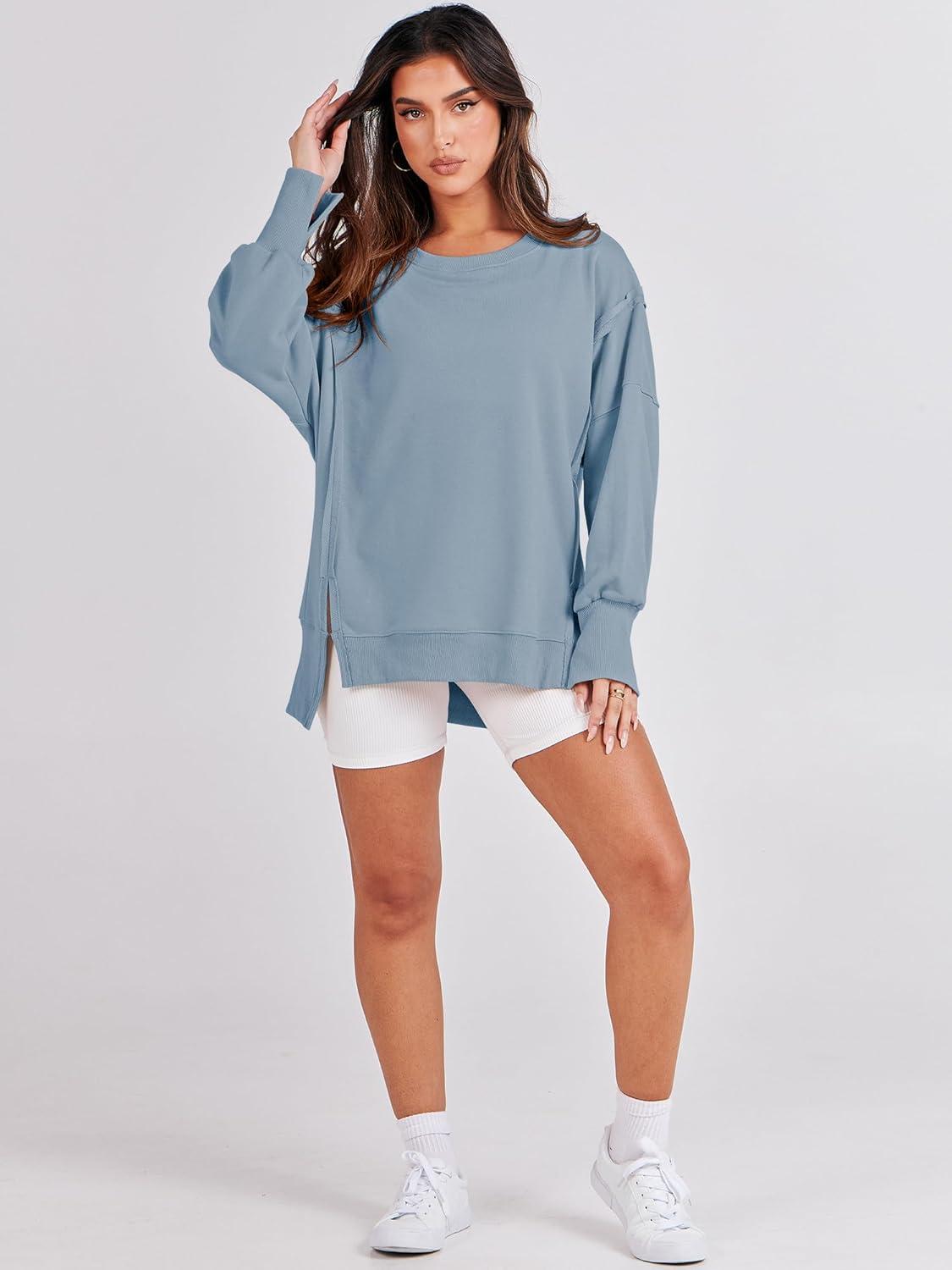 imageANRABESS Womens Oversized Sweatshirts Crew Neck Long Sleeve Shirts Casual Loose Slit 2025 Fall Outfits Y2K Teen Girls ClothesLight Blue