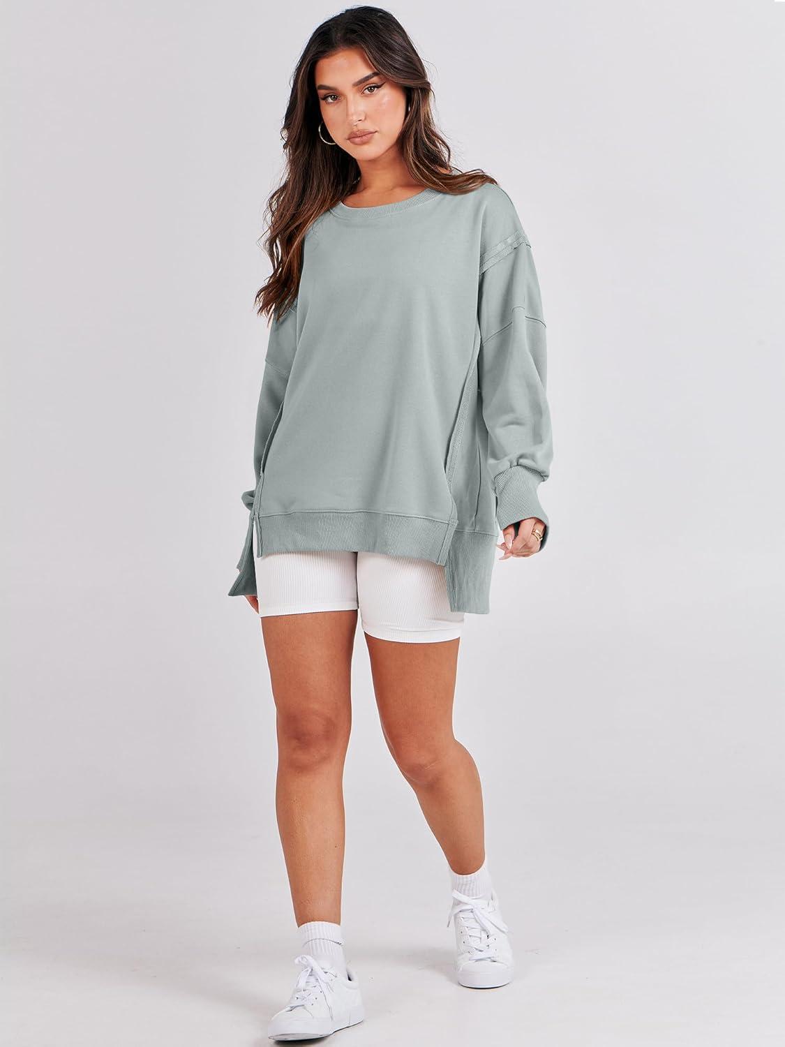imageANRABESS Womens Oversized Sweatshirts Crew Neck Long Sleeve Shirts Casual Loose Slit 2025 Fall Outfits Y2K Teen Girls ClothesLight Green