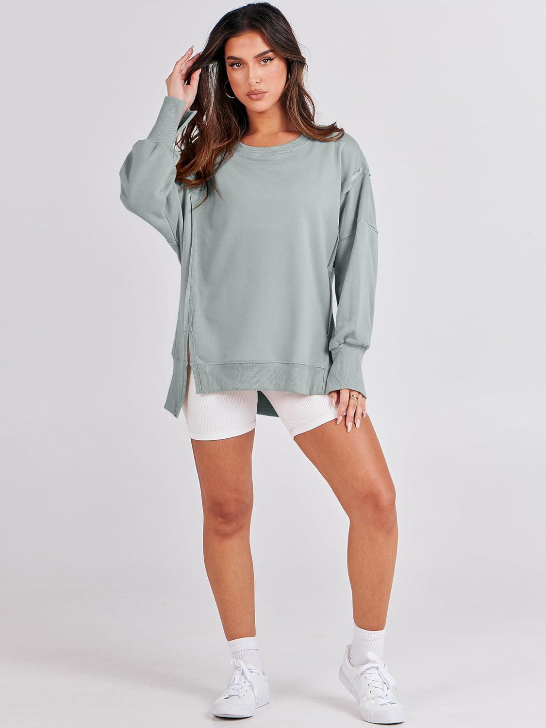 imageANRABESS Womens Oversized Sweatshirts Crew Neck Long Sleeve Shirts Casual Loose Slit 2025 Fall Outfits Y2K Teen Girls ClothesLight Green