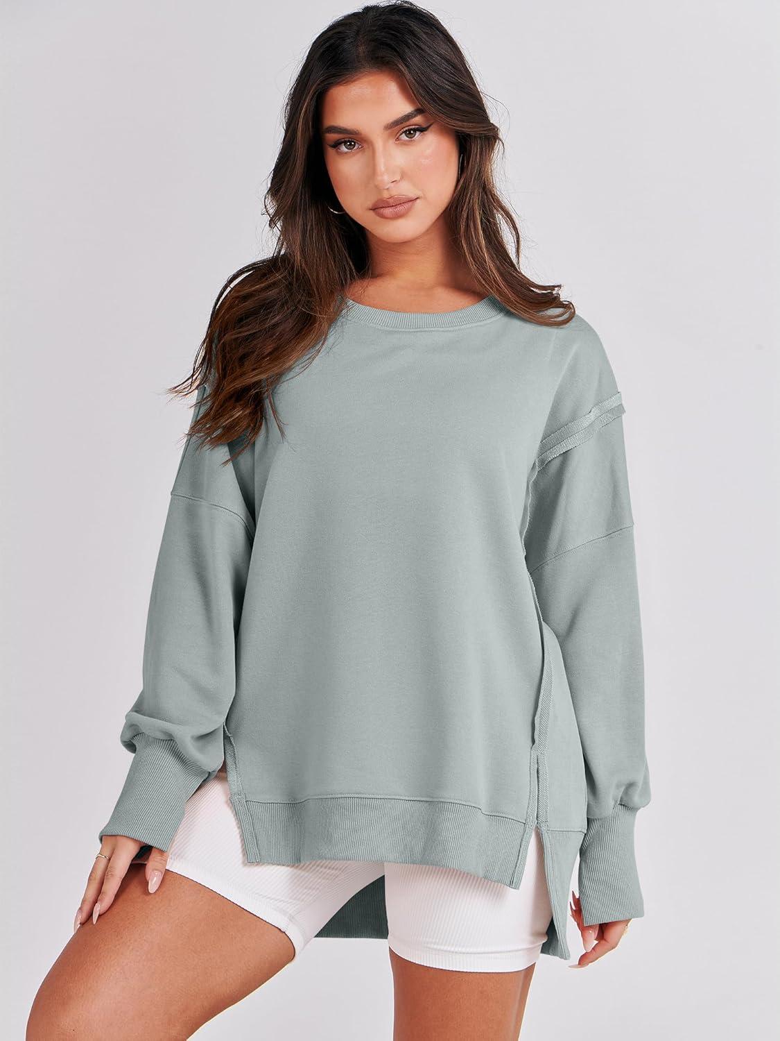 imageANRABESS Womens Oversized Sweatshirts Crew Neck Long Sleeve Shirts Casual Loose Slit 2025 Fall Outfits Y2K Teen Girls ClothesLight Green