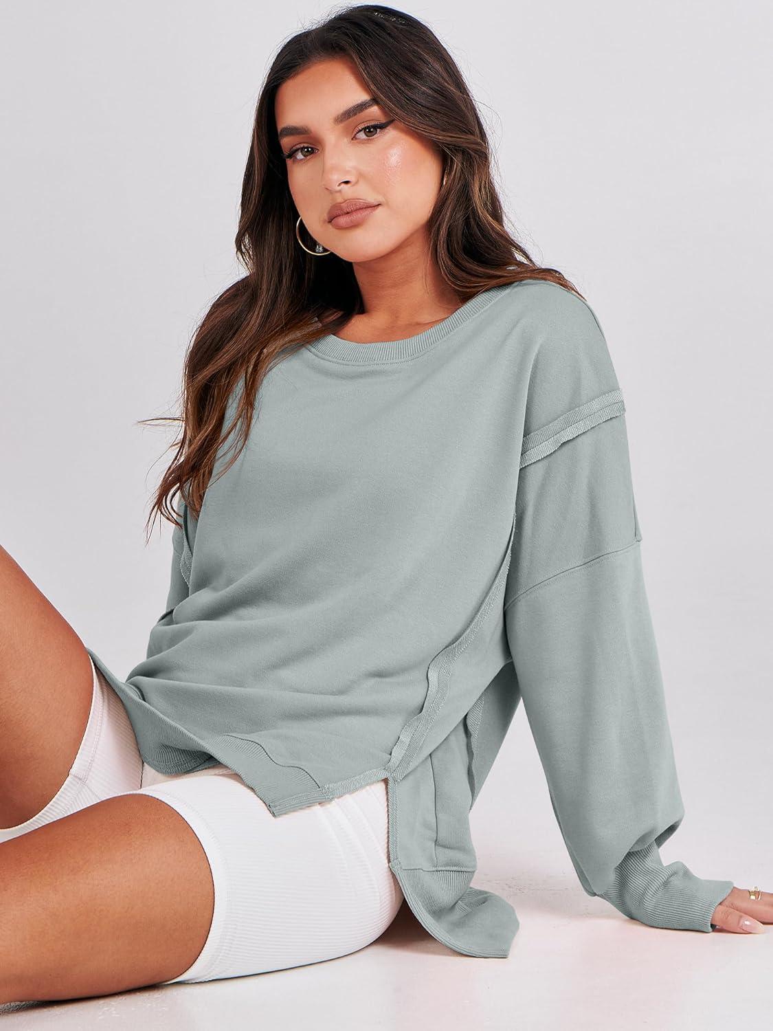 imageANRABESS Womens Oversized Sweatshirts Crew Neck Long Sleeve Shirts Casual Loose Slit 2025 Fall Outfits Y2K Teen Girls ClothesLight Green