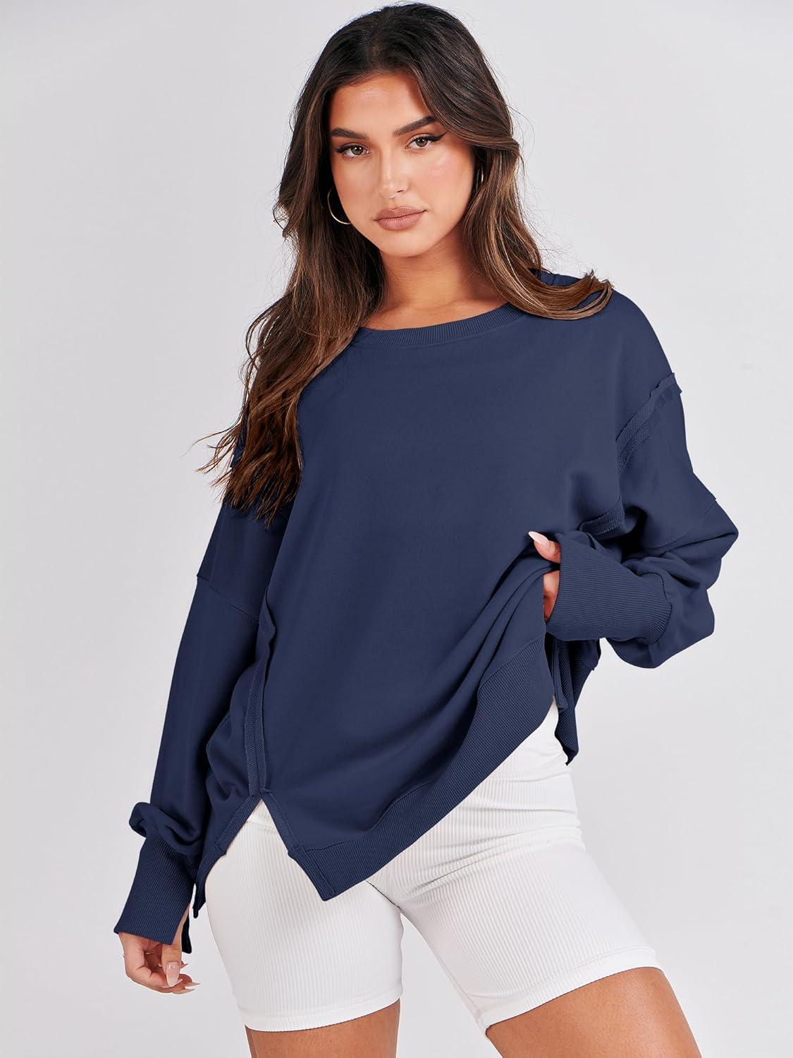 imageANRABESS Womens Oversized Sweatshirts Crew Neck Long Sleeve Shirts Casual Loose Slit 2025 Fall Outfits Y2K Teen Girls ClothesNavy Blue