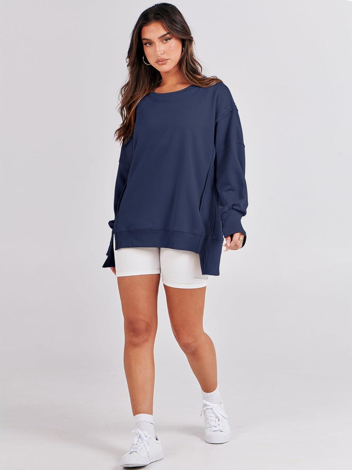 imageANRABESS Womens Oversized Sweatshirts Crew Neck Long Sleeve Shirts Casual Loose Slit 2025 Fall Outfits Y2K Teen Girls ClothesNavy Blue