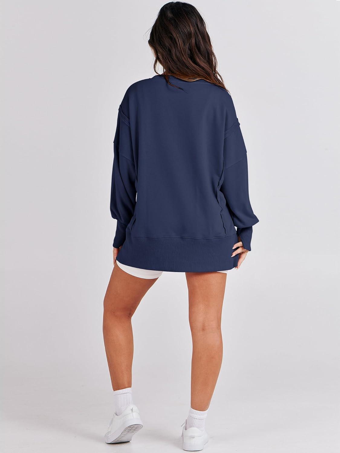 imageANRABESS Womens Oversized Sweatshirts Crew Neck Long Sleeve Shirts Casual Loose Slit 2025 Fall Outfits Y2K Teen Girls ClothesNavy Blue