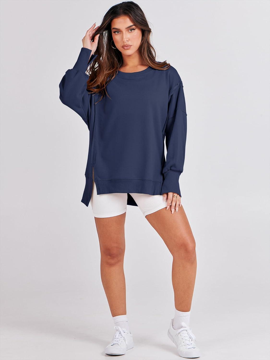 imageANRABESS Womens Oversized Sweatshirts Crew Neck Long Sleeve Shirts Casual Loose Slit 2025 Fall Outfits Y2K Teen Girls ClothesNavy Blue