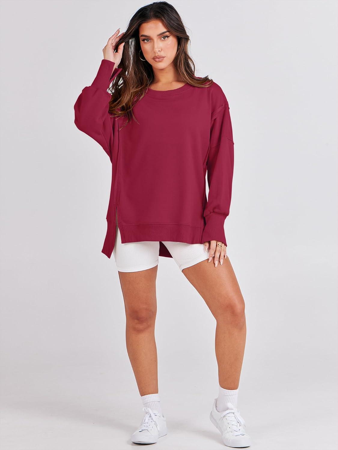imageANRABESS Womens Oversized Sweatshirts Crew Neck Long Sleeve Shirts Casual Loose Slit 2025 Fall Outfits Y2K Teen Girls ClothesRed