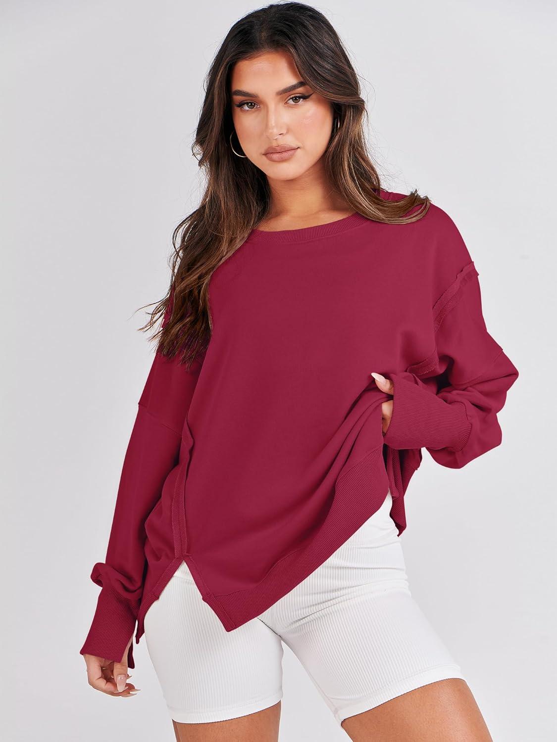 imageANRABESS Womens Oversized Sweatshirts Crew Neck Long Sleeve Shirts Casual Loose Slit 2025 Fall Outfits Y2K Teen Girls ClothesRed