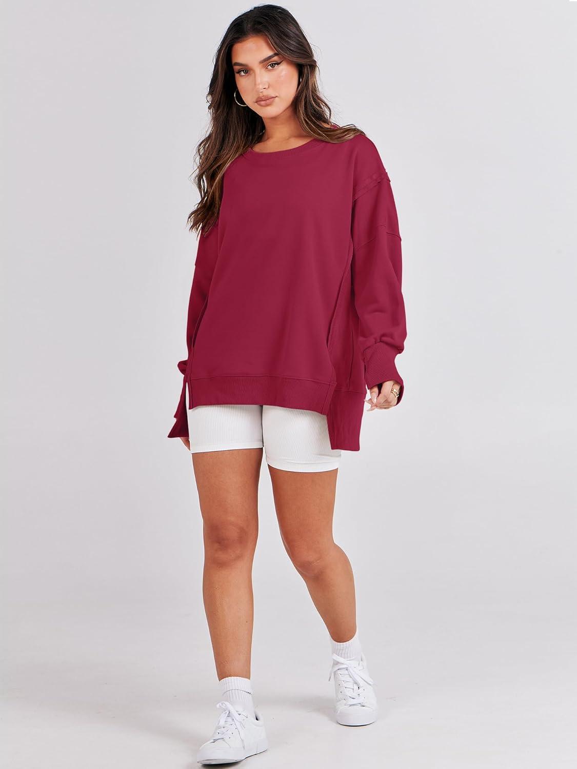 imageANRABESS Womens Oversized Sweatshirts Crew Neck Long Sleeve Shirts Casual Loose Slit 2025 Fall Outfits Y2K Teen Girls ClothesRed