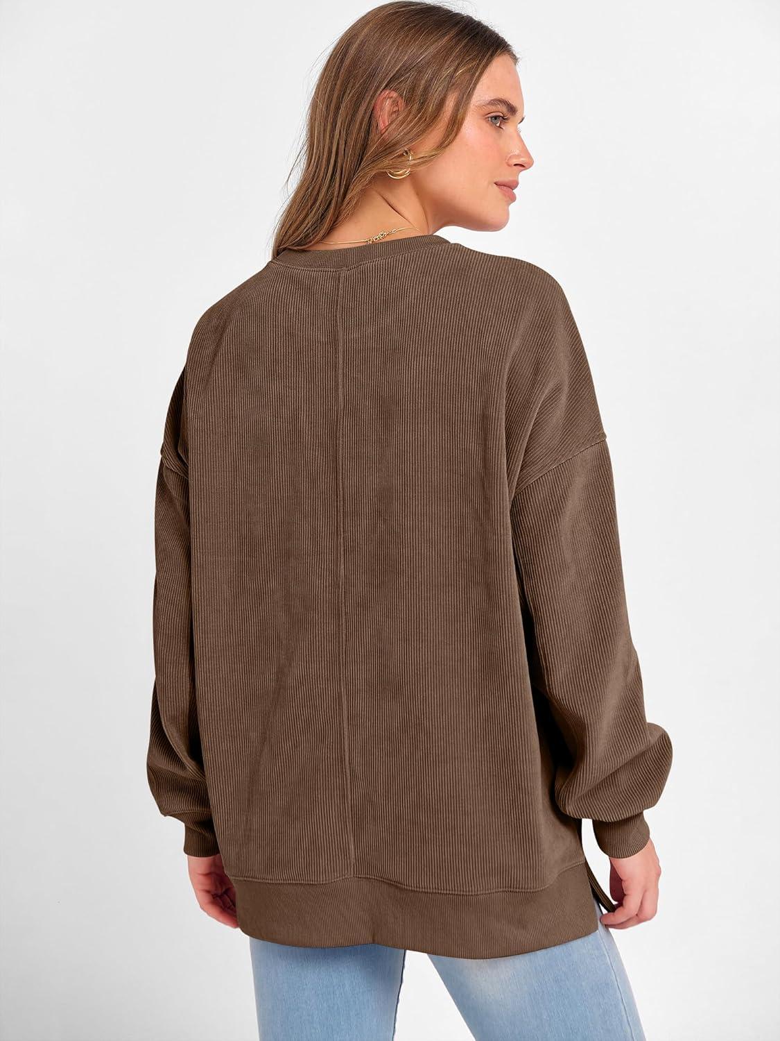 imageANRABESS Womens Oversized Sweatshirts Crewneck Corduroy Side Slit Pullover Sweaters 2025 Fall Long Sleeve Tunic Tops OutfitsCamel