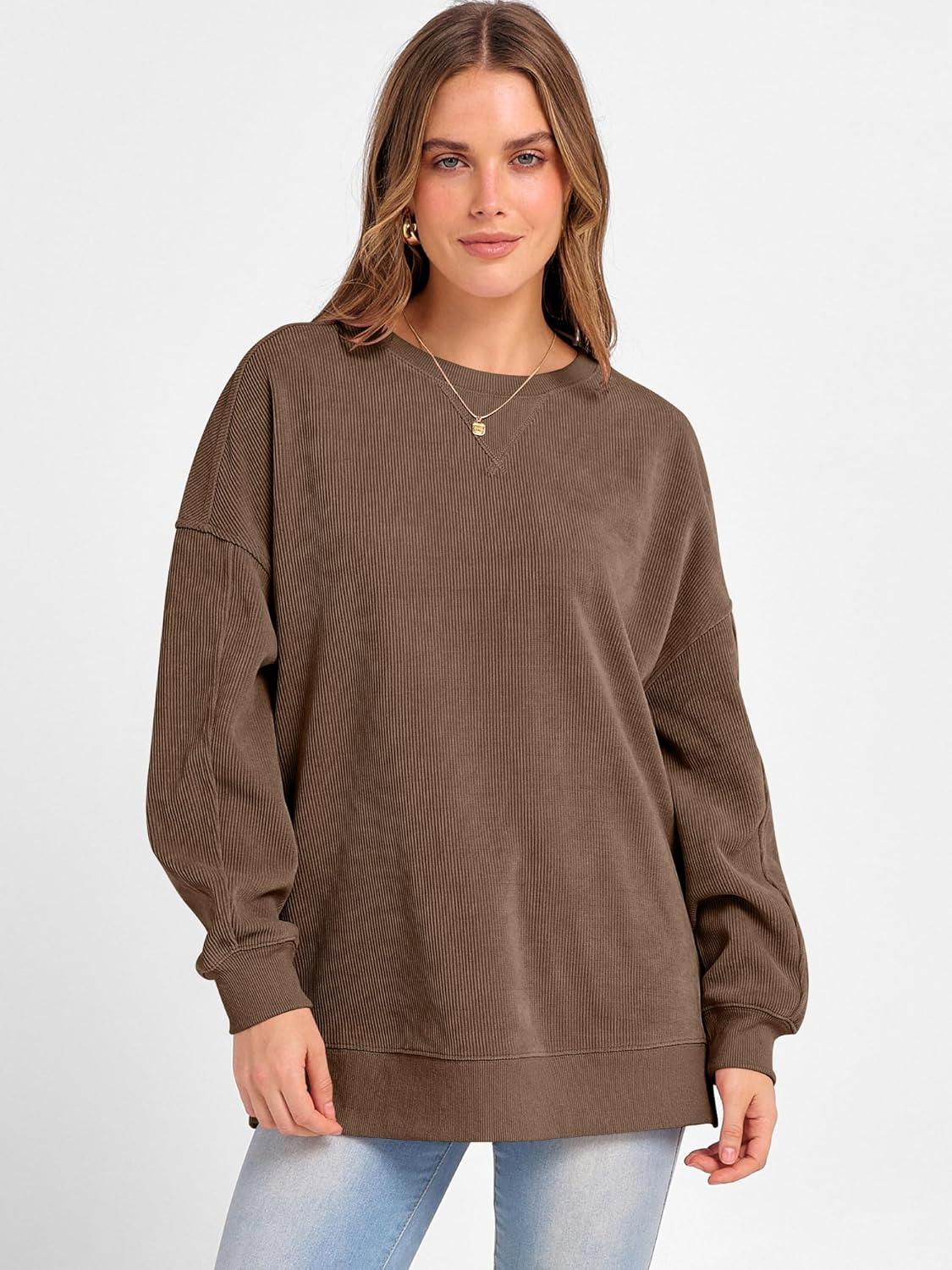 imageANRABESS Womens Oversized Sweatshirts Crewneck Corduroy Side Slit Pullover Sweaters 2025 Fall Long Sleeve Tunic Tops OutfitsCamel