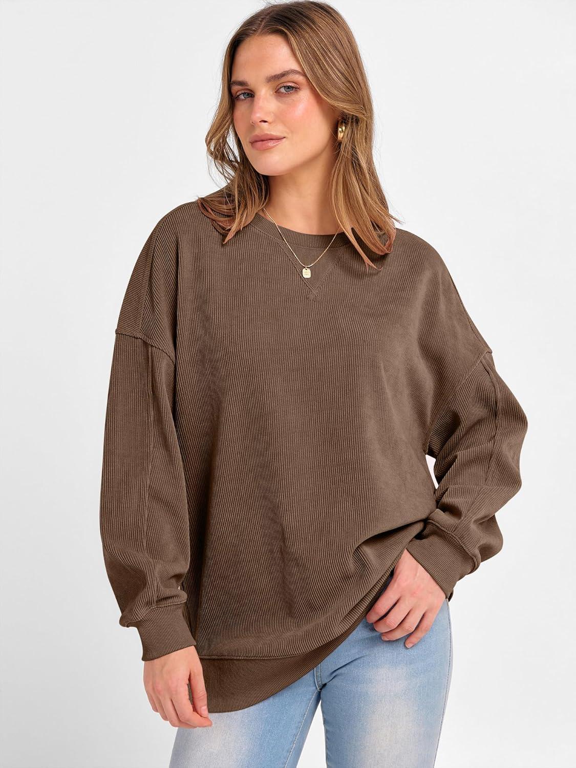 imageANRABESS Womens Oversized Sweatshirts Crewneck Corduroy Side Slit Pullover Sweaters 2025 Fall Long Sleeve Tunic Tops OutfitsCamel