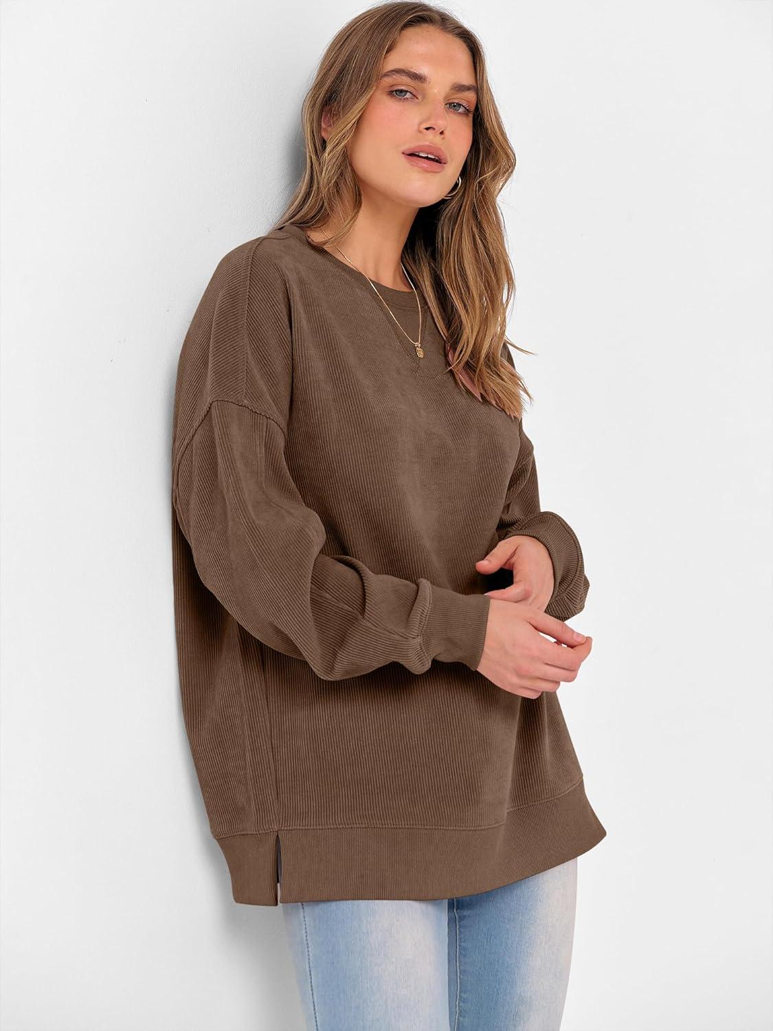 imageANRABESS Womens Oversized Sweatshirts Crewneck Corduroy Side Slit Pullover Sweaters 2025 Fall Long Sleeve Tunic Tops OutfitsCamel