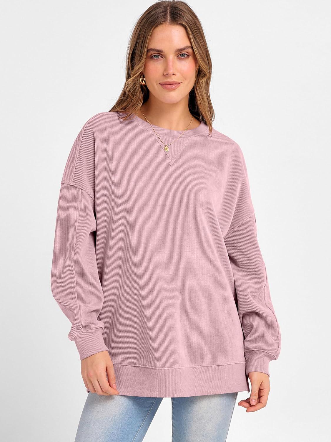 imageANRABESS Womens Oversized Sweatshirts Crewneck Corduroy Side Slit Pullover Sweaters 2025 Fall Long Sleeve Tunic Tops OutfitsPink