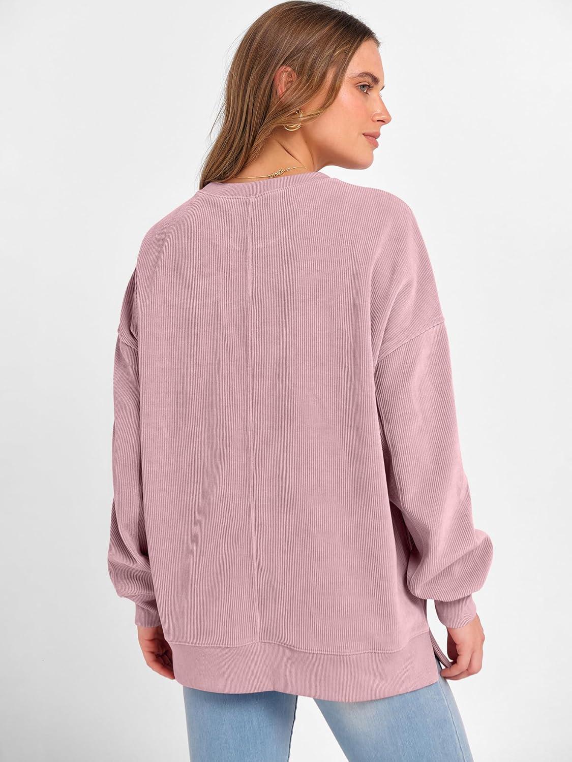 imageANRABESS Womens Oversized Sweatshirts Crewneck Corduroy Side Slit Pullover Sweaters 2025 Fall Long Sleeve Tunic Tops OutfitsPink