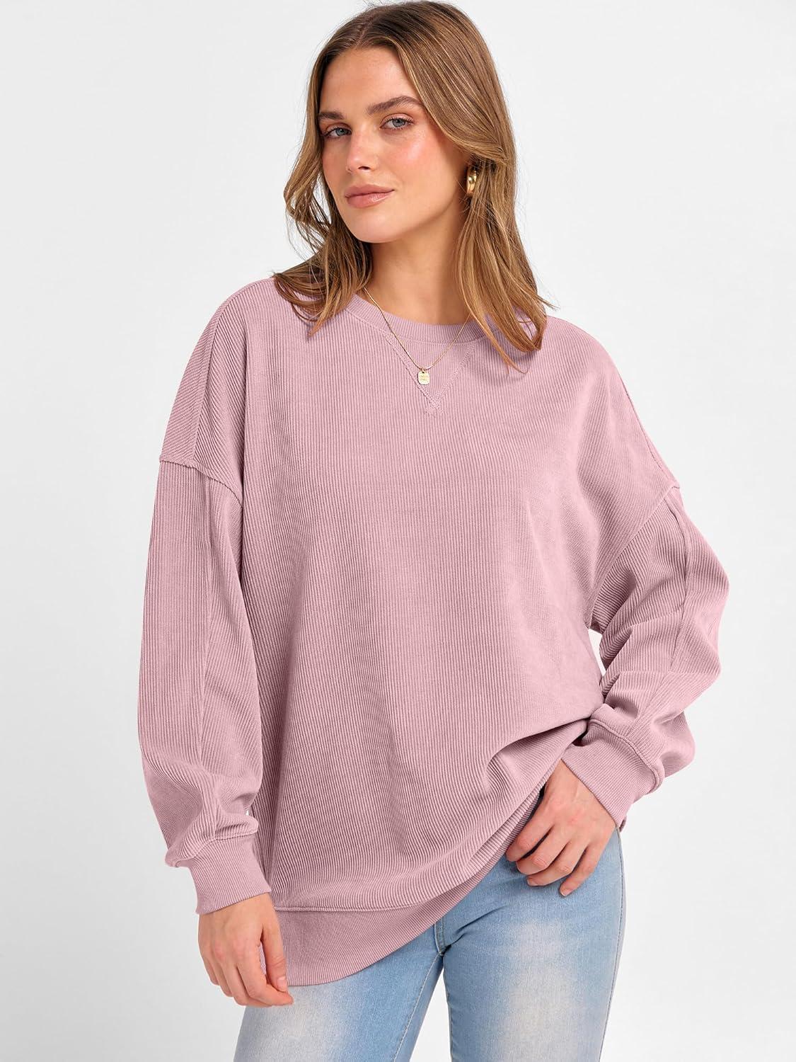 imageANRABESS Womens Oversized Sweatshirts Crewneck Corduroy Side Slit Pullover Sweaters 2025 Fall Long Sleeve Tunic Tops OutfitsPink