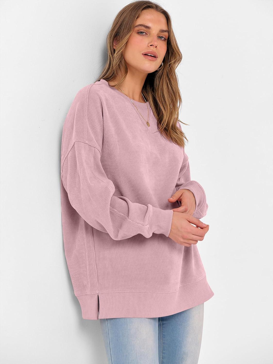 imageANRABESS Womens Oversized Sweatshirts Crewneck Corduroy Side Slit Pullover Sweaters 2025 Fall Long Sleeve Tunic Tops OutfitsPink