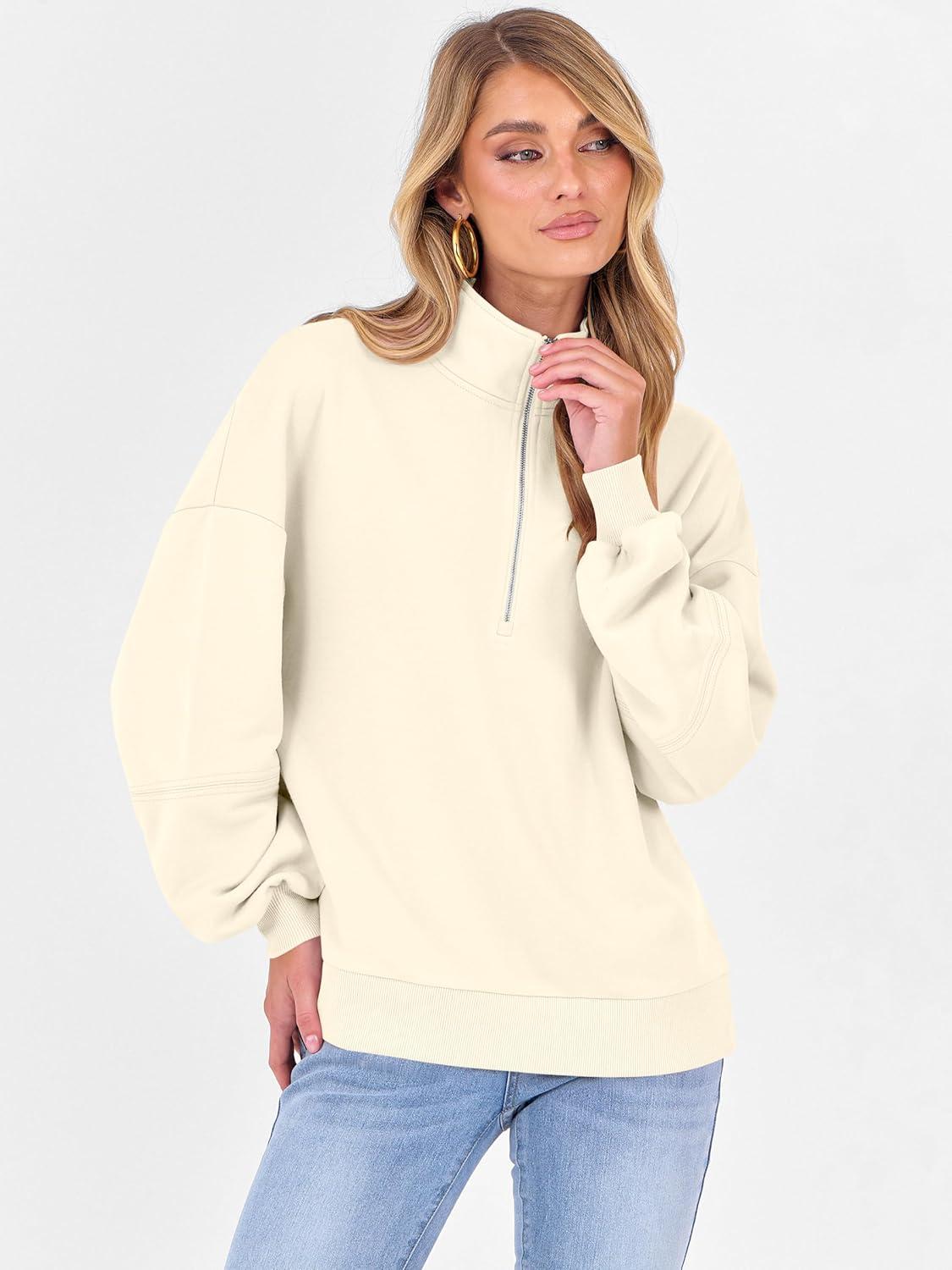 imageANRABESS Womens Oversized Sweatshirts Quarter Zip Long Sleeve Comfy Casual Boxy Pullover Tops 2025 Fall Trendy Y2K OutfitsAlmond