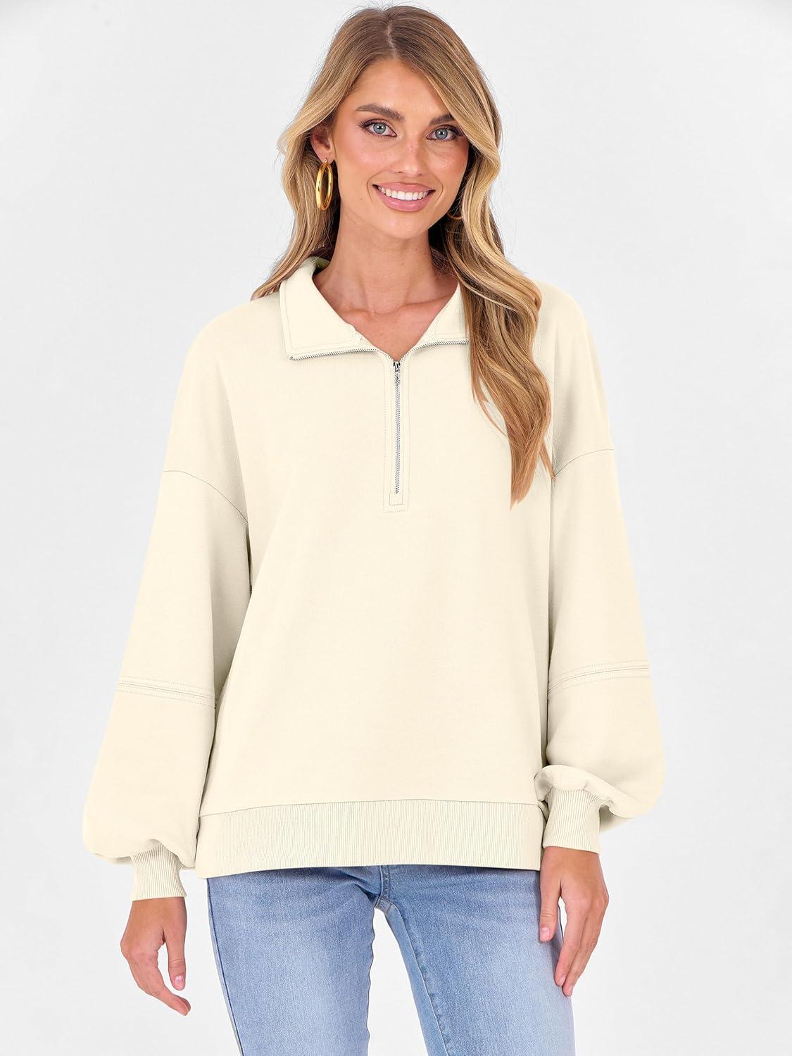 imageANRABESS Womens Oversized Sweatshirts Quarter Zip Long Sleeve Comfy Casual Boxy Pullover Tops 2025 Fall Trendy Y2K OutfitsAlmond