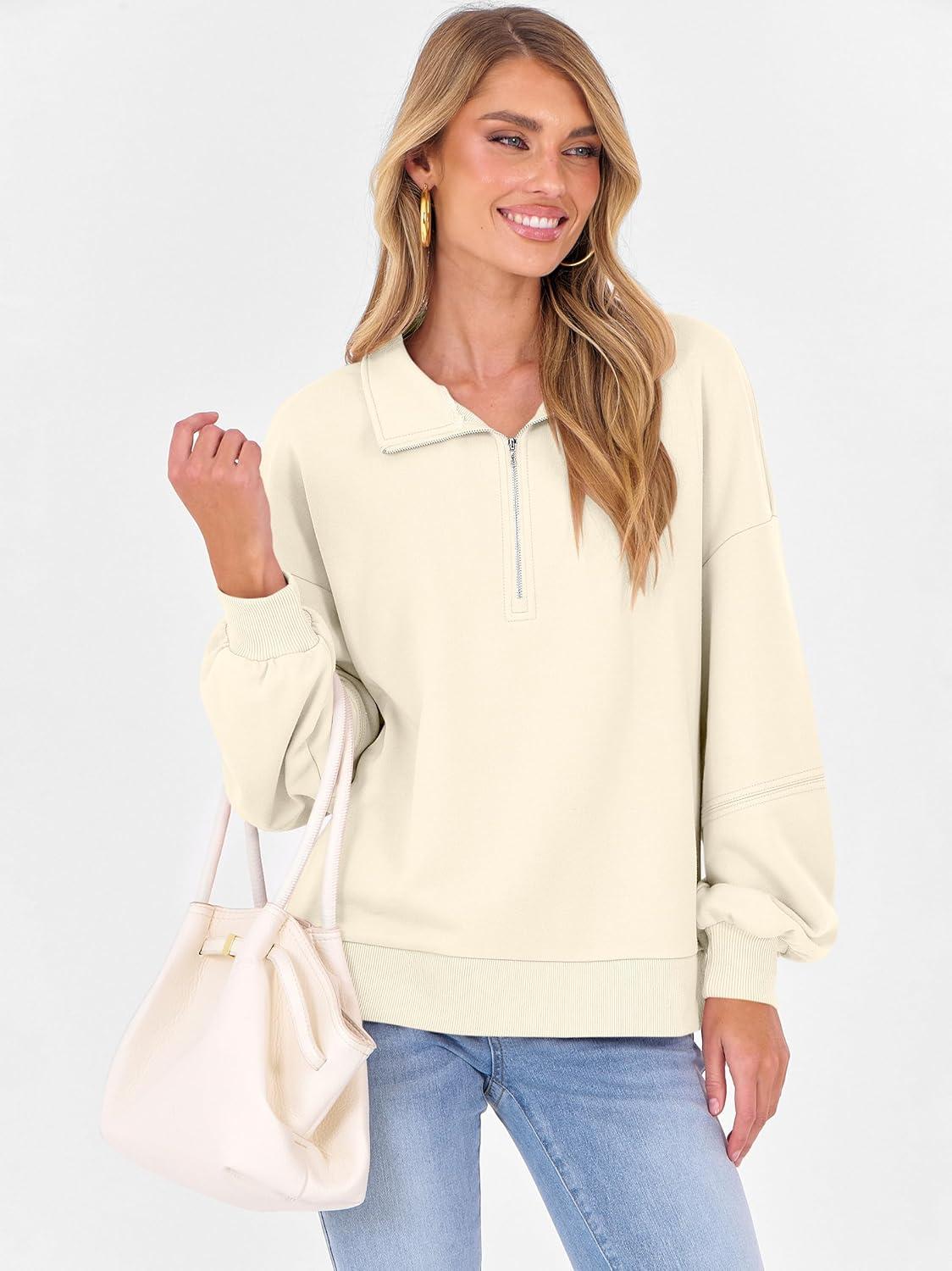 imageANRABESS Womens Oversized Sweatshirts Quarter Zip Long Sleeve Comfy Casual Boxy Pullover Tops 2025 Fall Trendy Y2K OutfitsAlmond